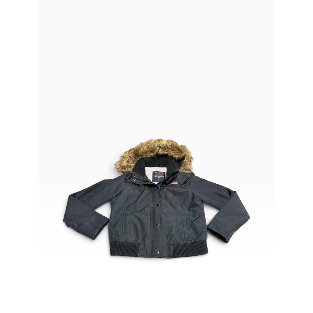 Hollister All-Weather Jacket Black Faux Fur Hood Fleece Lined Bomber Womens L
